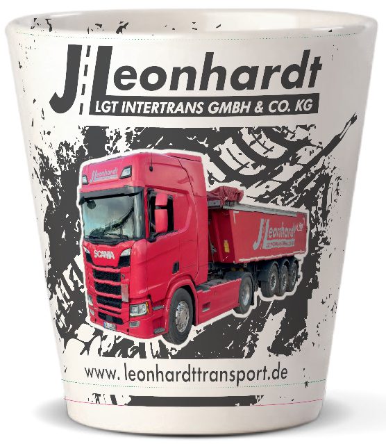 Kaffeetassen mit Logo – individuell gestaltet 5 Digitale Druckvorschau einer konischen Tasse mit Leonhardt-Logo und rotem Lkw-Motiv