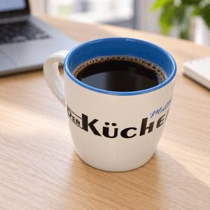Bopp Mini Trinkflasche 4 Weiße Logotasse mit blauem Innenraum und schwarzem Kaffee auf einem Schreibtisch neben einem Laptop