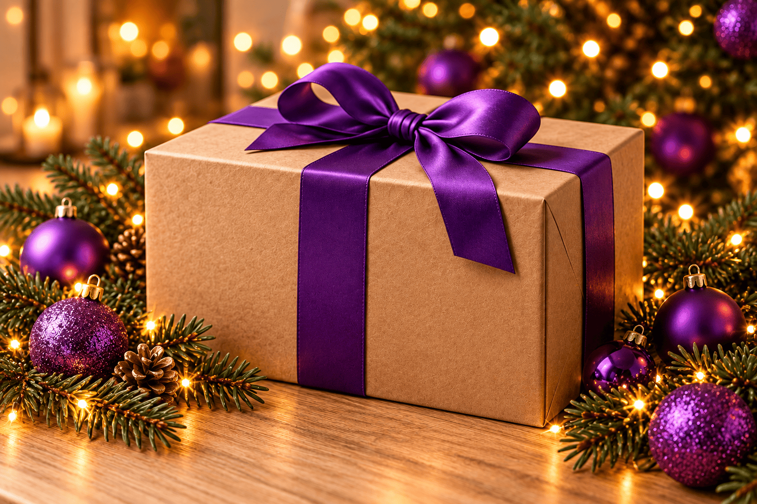 Gestaltungsbeispiel einer Geschenkbox mit lila Schleife; Inhalt individuell vereinbar