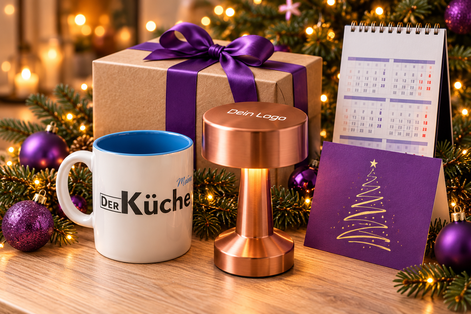 Gestaltungsidee: gebrandete Kundengeschenke in lila Weihnachtsstimmung
