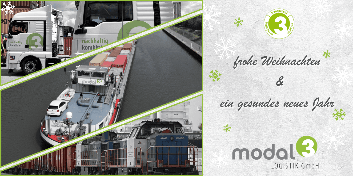 Weihnachtskarten – individuell nach Corporate Design 3 Weihnachtskarte für modal3 mit Transportmotiven, grün-weißen Markenfarben und individuellem Weihnachtsgruß