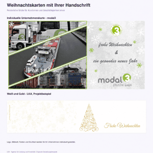Analog 1 Weihnachtskarten nach Corporate Design: modal3-Kundenmotiv und Gestaltung in Weiß und Gold der LKA - Agentur