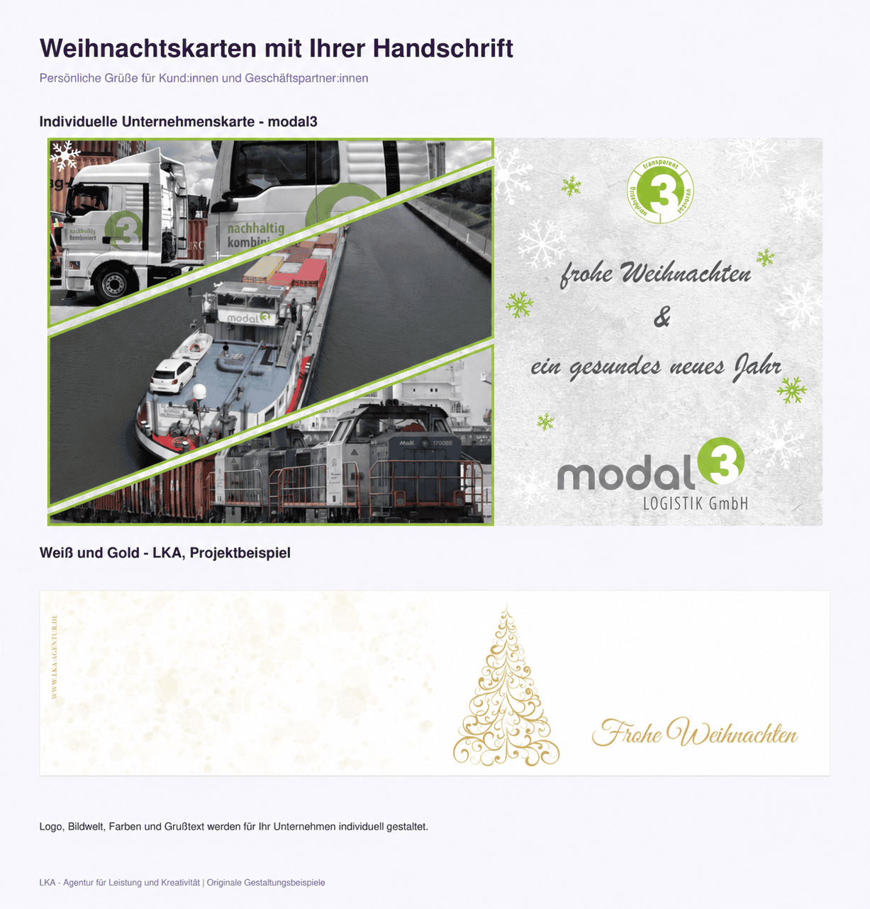 Projektbeispiele: Weihnachtskarten für modal3 und in Weiß und Gold für LKA - Agentur, ohne Jahreszahl